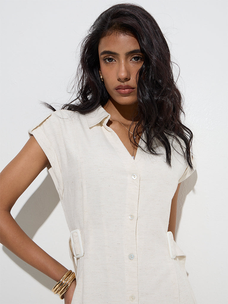 LOV Off-White Solid Linen-Blend Shirt Dress with Belt - Image 3