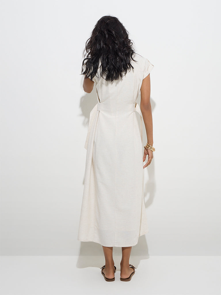 LOV Off-White Solid Linen-Blend Shirt Dress with Belt - Image 4