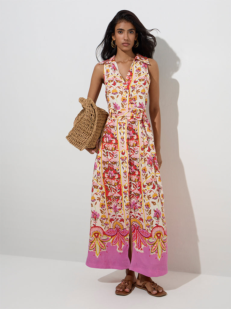 LOV Multicolour Floral Design A-Line Dress with Belt
