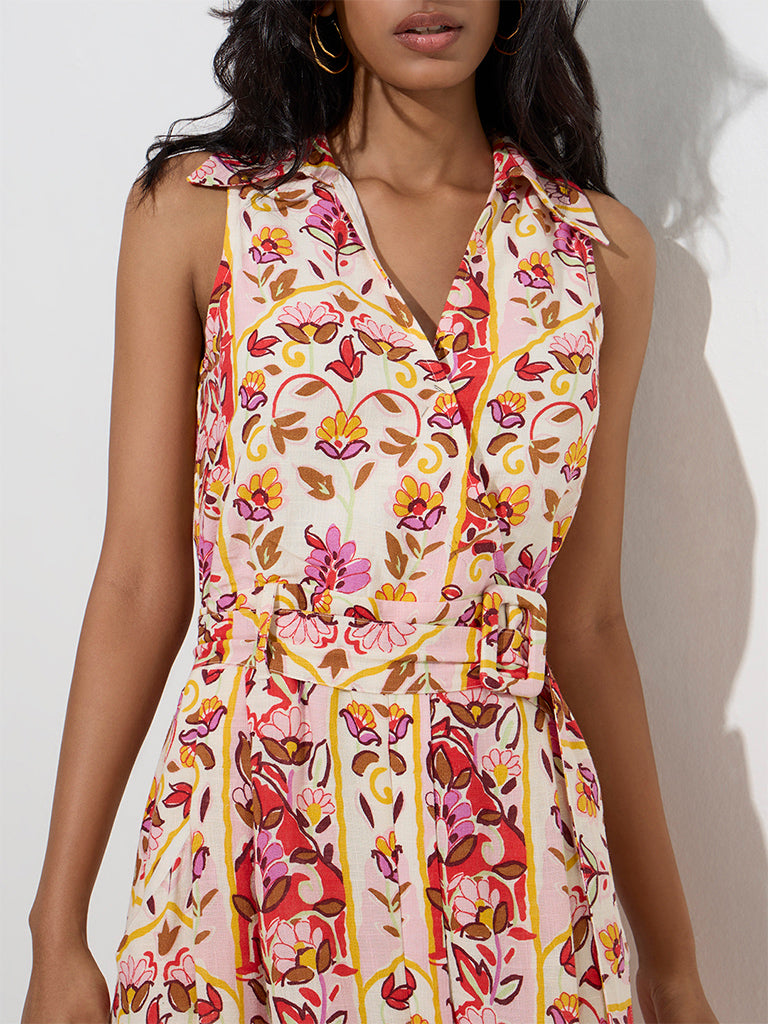 LOV Multicolour Floral Design A-Line Dress with Belt - Image 3