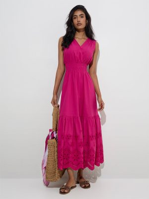 LOV Fuchsia Schiffli Detailed Cotton A-Line Dress