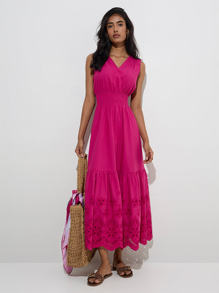 LOV Fuchsia Schiffli Detailed Cotton A-Line Dress