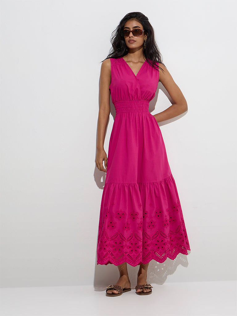 LOV Fuchsia Schiffli Detailed Cotton A-Line Dress - Image 2