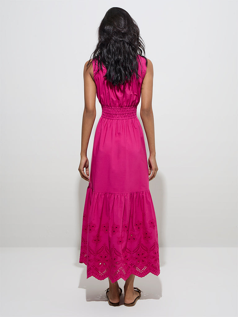 LOV Fuchsia Schiffli Detailed Cotton A-Line Dress - Image 4