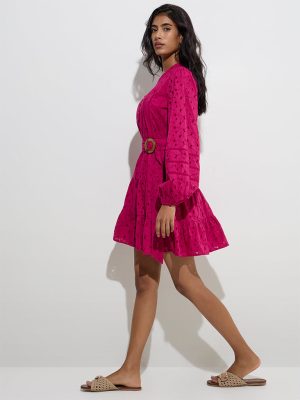 LOV Fuchsia Schiffli Cotton Tiered Dress with Belt