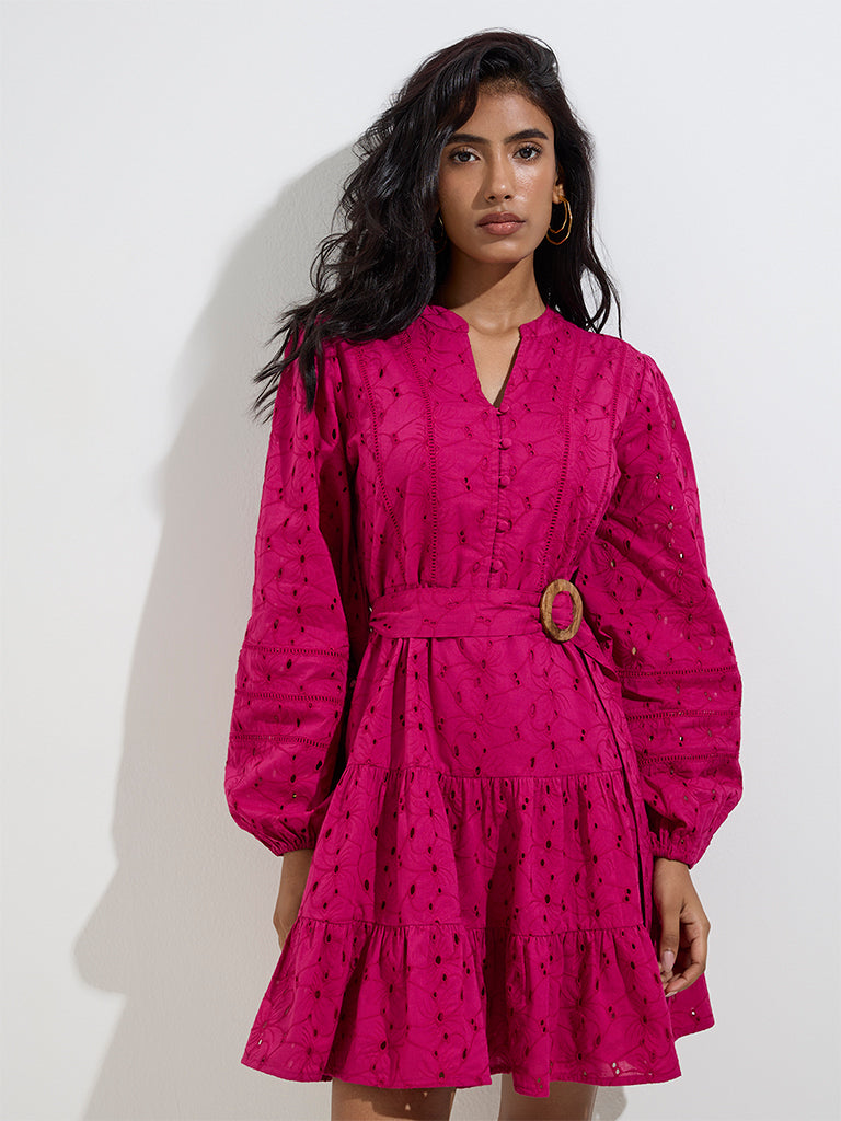 LOV Fuchsia Schiffli Cotton Tiered Dress with Belt - Image 2