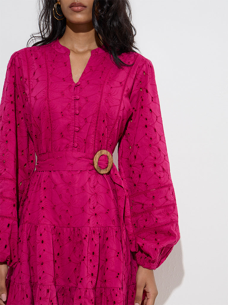 LOV Fuchsia Schiffli Cotton Tiered Dress with Belt - Image 3