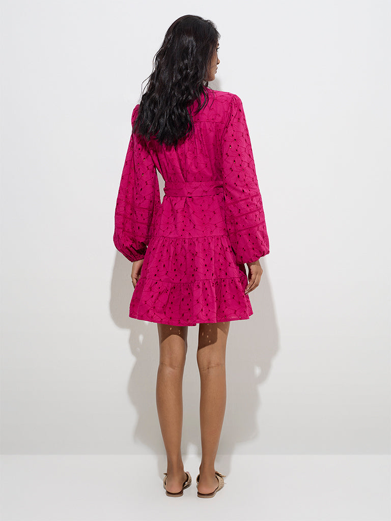 LOV Fuchsia Schiffli Cotton Tiered Dress with Belt - Image 4
