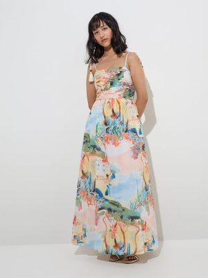 LOV Multicolour Scenic-Inspired Cotton A-Line Dress