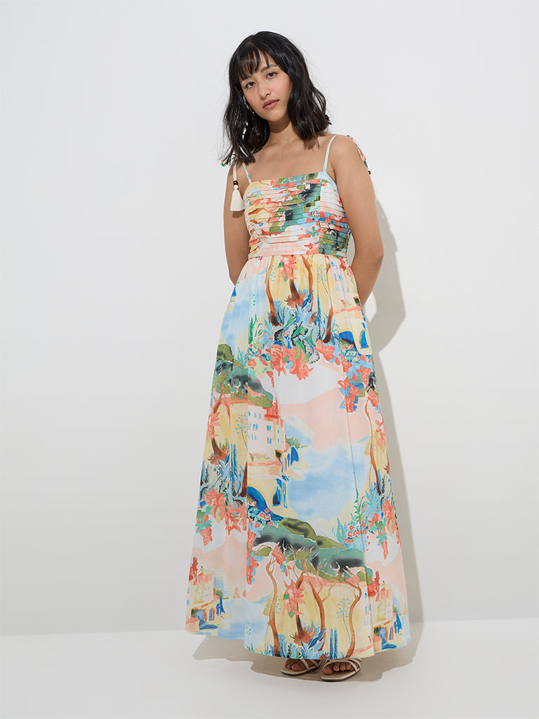 LOV Multicolour Scenic-Inspired Cotton A-Line Dress