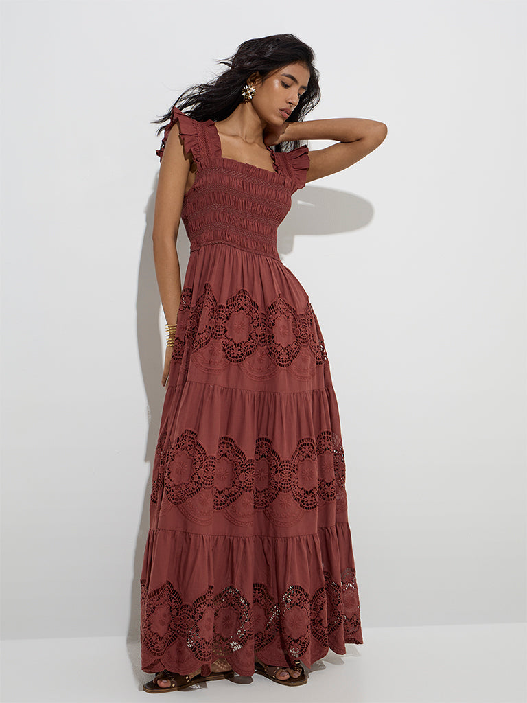 LOV Dark Brown Lace Detailed Cotton Tiered Dress