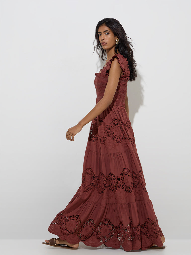 LOV Dark Brown Lace Detailed Cotton Tiered Dress - Image 2