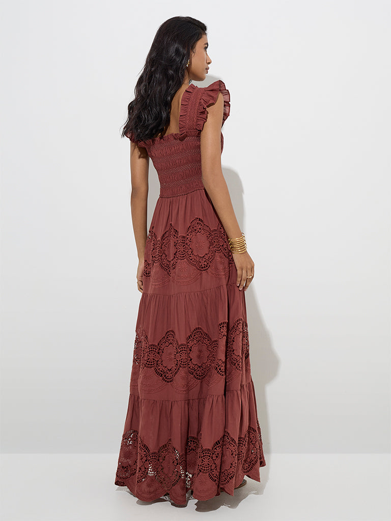 LOV Dark Brown Lace Detailed Cotton Tiered Dress - Image 4