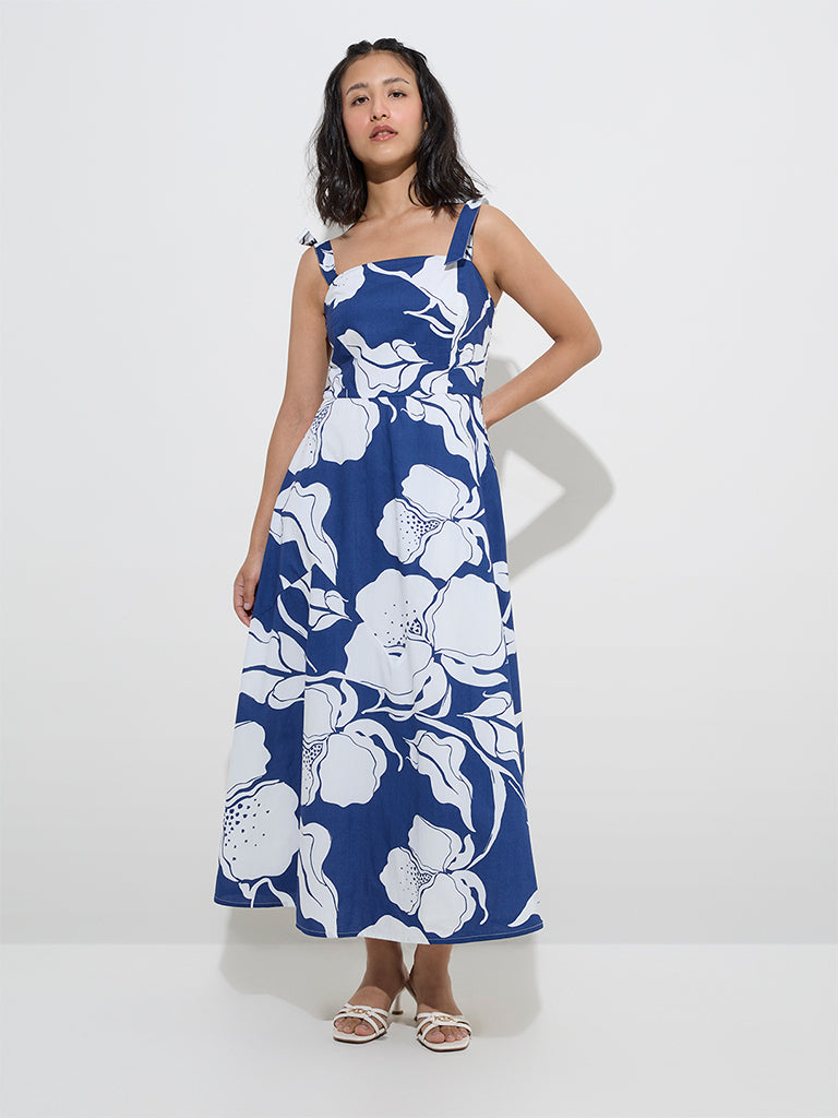 LOV Indigo Floral Design Cotton A-Line Dress