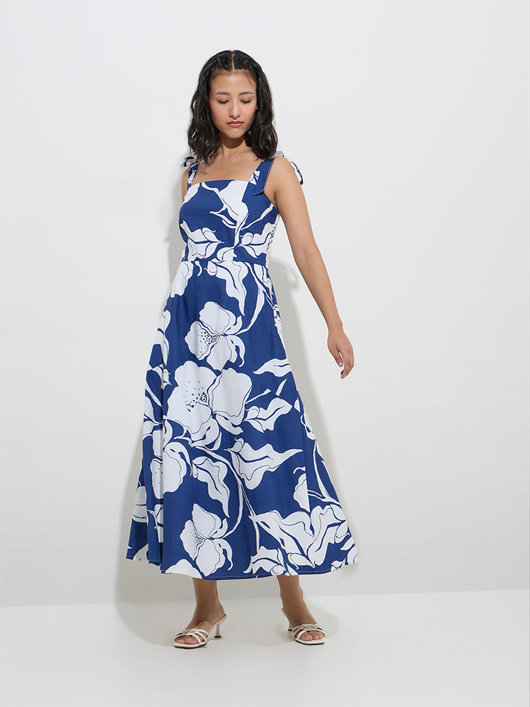 LOV Indigo Floral Design Cotton A-Line Dress - Image 3