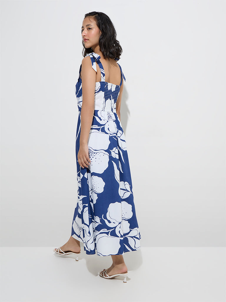 LOV Indigo Floral Design Cotton A-Line Dress - Image 4