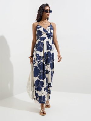 LOV Navy Botanical Printed Cotton-Blend Jumpsuit