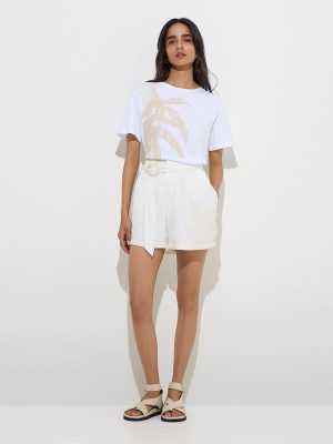 LOV Off-White Floral Embroidered High-Rise Shorts