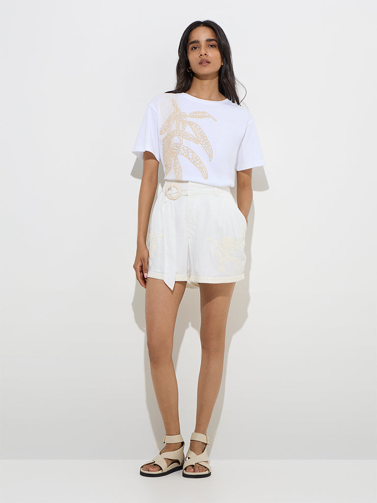 LOV Off-White Floral Embroidered High-Rise Shorts