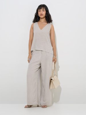 LOV Taupe Striped Mid-Rise Trousers