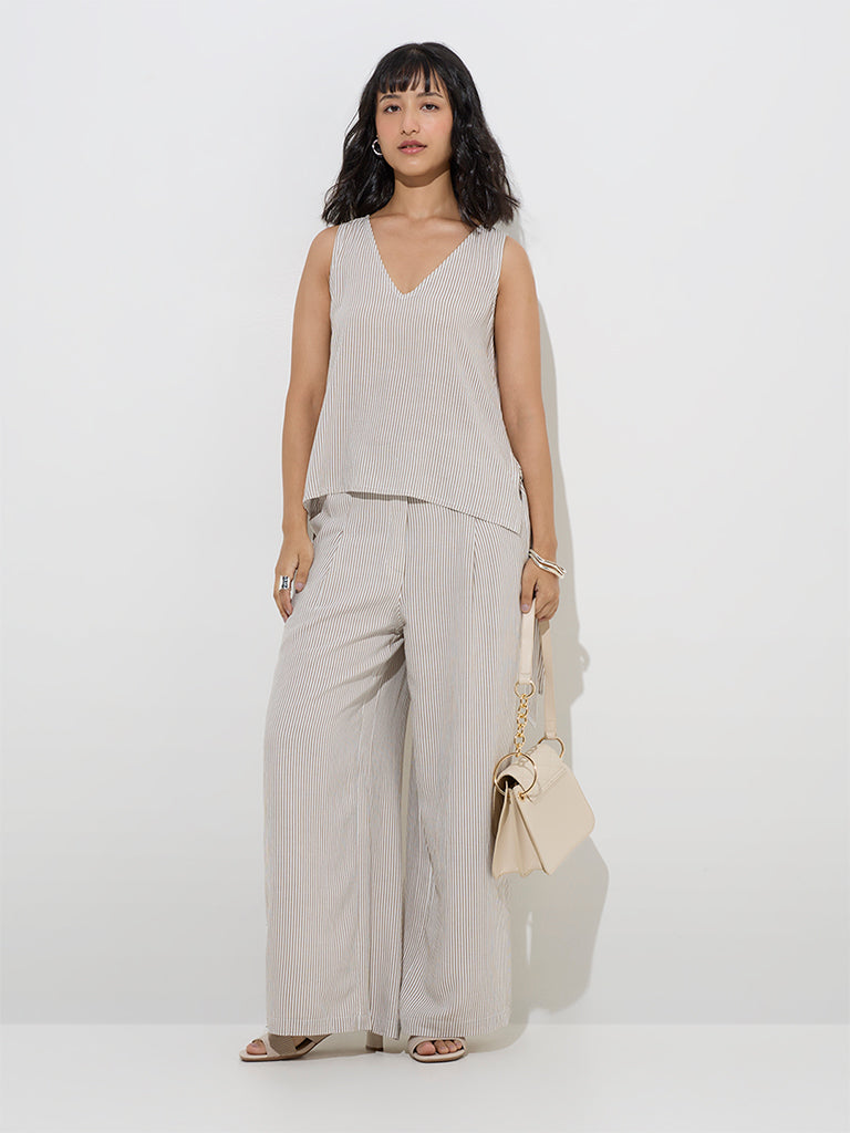 LOV Taupe Striped Mid-Rise Trousers