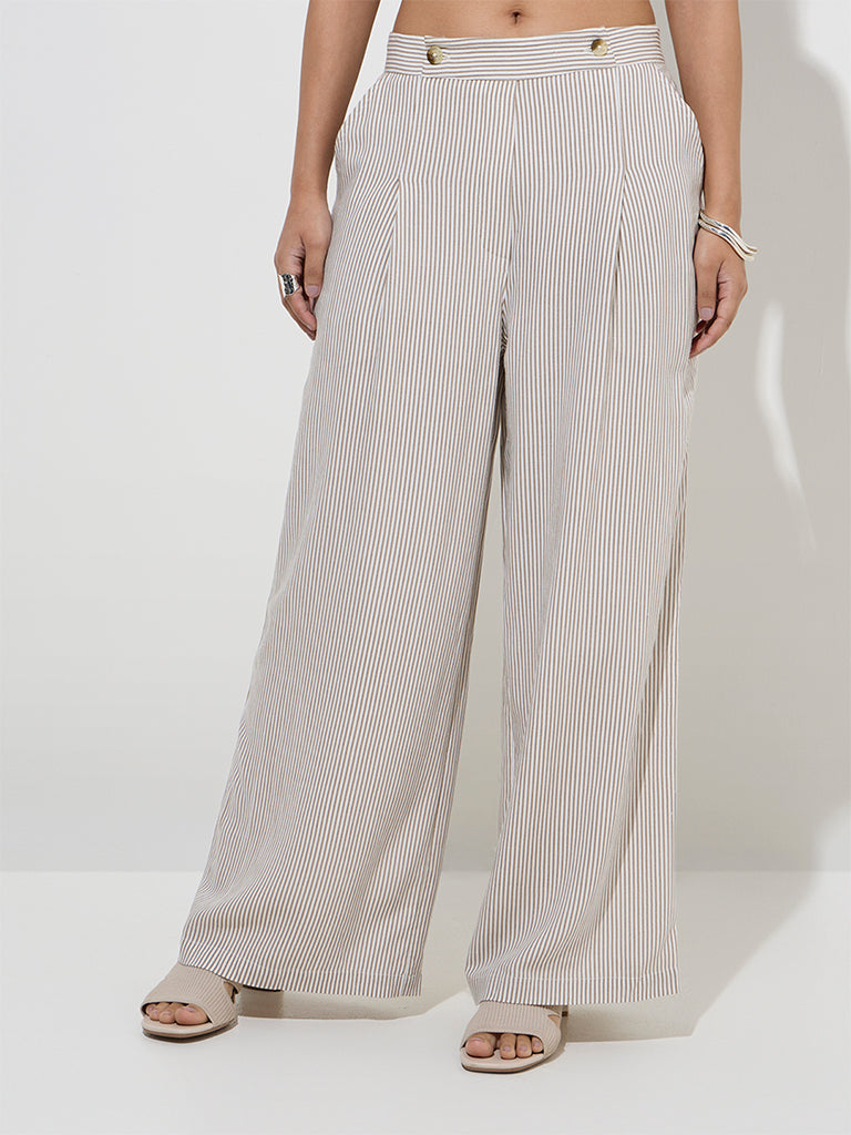 LOV Taupe Striped Mid-Rise Trousers - Image 2