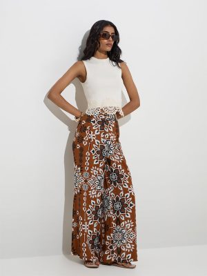 LOV Brown Floral Design High-Rise Pants