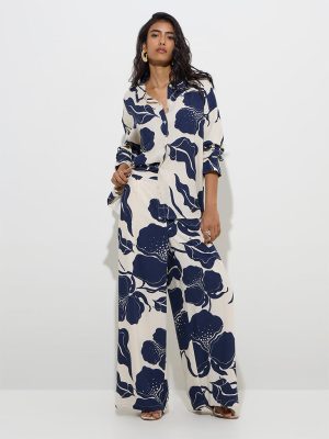 LOV Navy Botanical Pattern High-Rise Cotton-Blend Pants