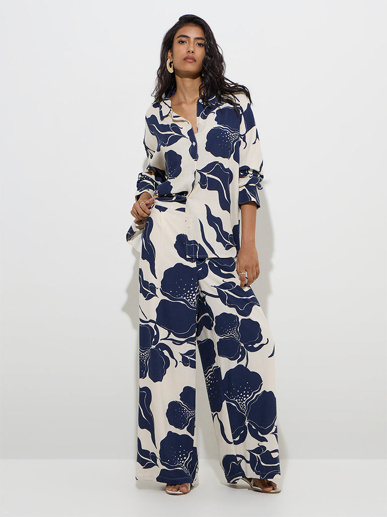 LOV Navy Botanical Pattern High-Rise Cotton-Blend Pants