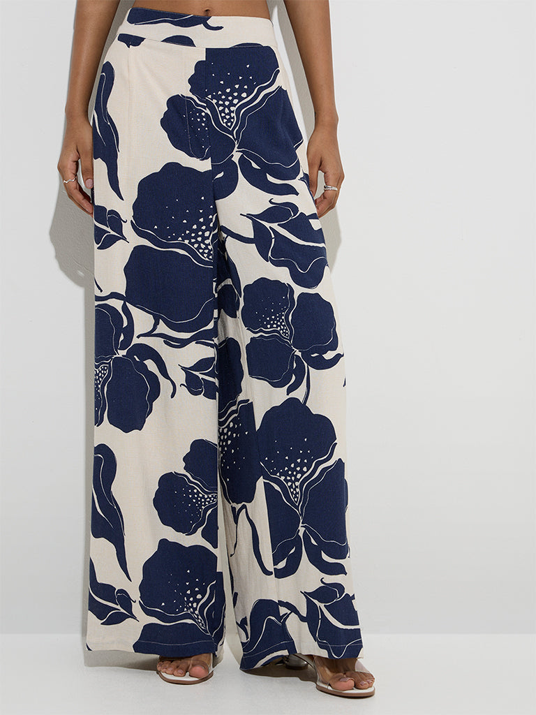 LOV Navy Botanical Pattern High-Rise Cotton-Blend Pants - Image 2