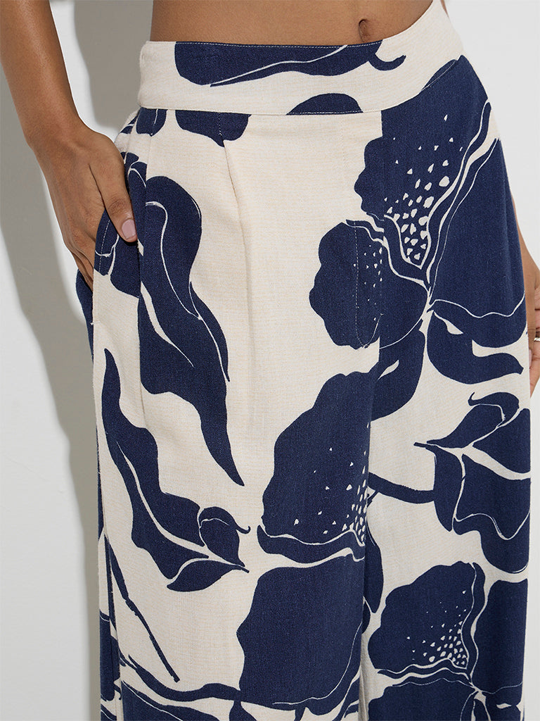 LOV Navy Botanical Pattern High-Rise Cotton-Blend Pants - Image 3