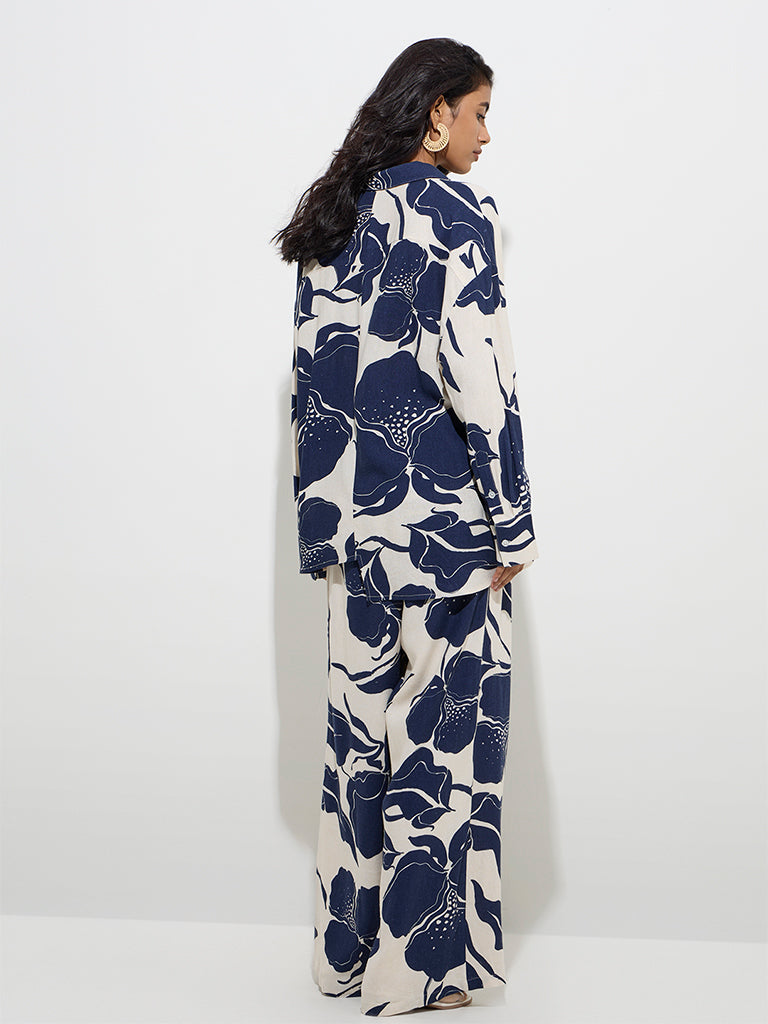 LOV Navy Botanical Pattern High-Rise Cotton-Blend Pants - Image 4