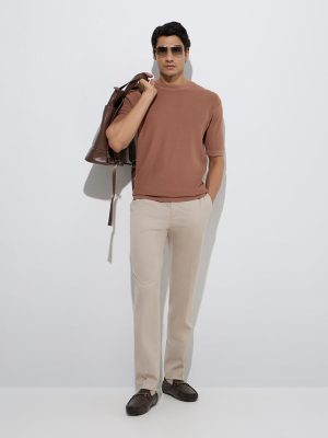 WES Formals Brown Solid Slim-Fit T-Shirt