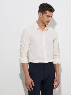 WES Formals Light Yellow Ultra-Slim Fit Cotton-Blend Shirt