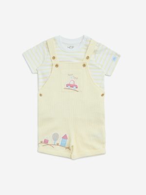 HOP Baby Yellow Embroidered Cotton Dungaree and T-Shirt Set