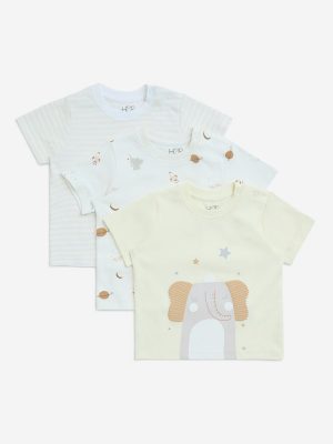 HOP Baby White Printed Cotton T-Shirts - Pack of 3