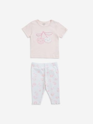 HOP Baby Pink Embroidered Cotton Top and Pants Set