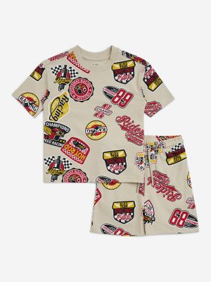 HOP Kids Beige Printed Cotton T-Shirt and Shorts Set