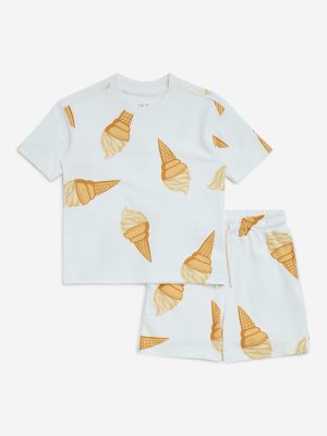 HOP Kids White Ice-Cream Design Cotton T-Shirt with Shorts Set
