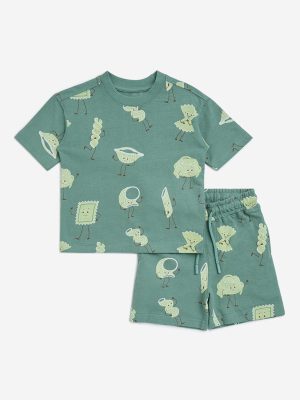 HOP Kids Dark Green Pasta-Themed Cotton T-Shirt with Shorts Set