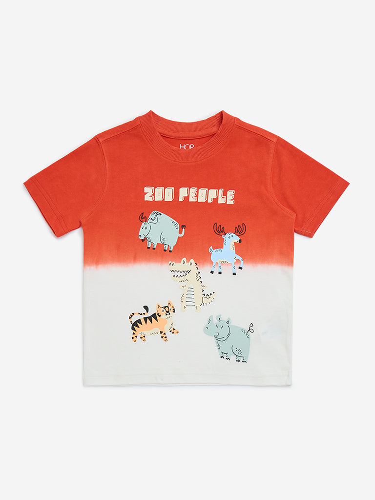 HOP Kids Red Animal Printed Cotton T-Shirt