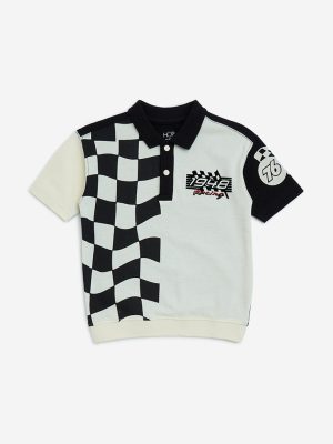 HOP Kids Black Checks Printed Cotton Polo T-Shirt
