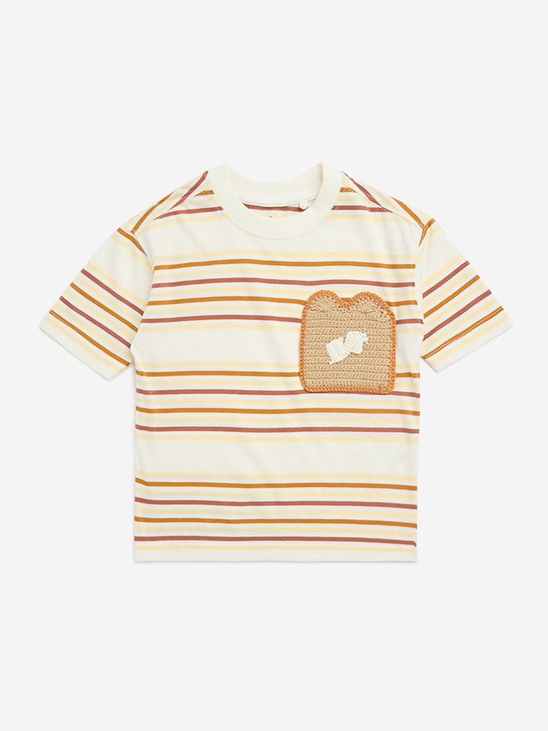 HOP Kids Beige Stripe Printed Cotton T-Shirt