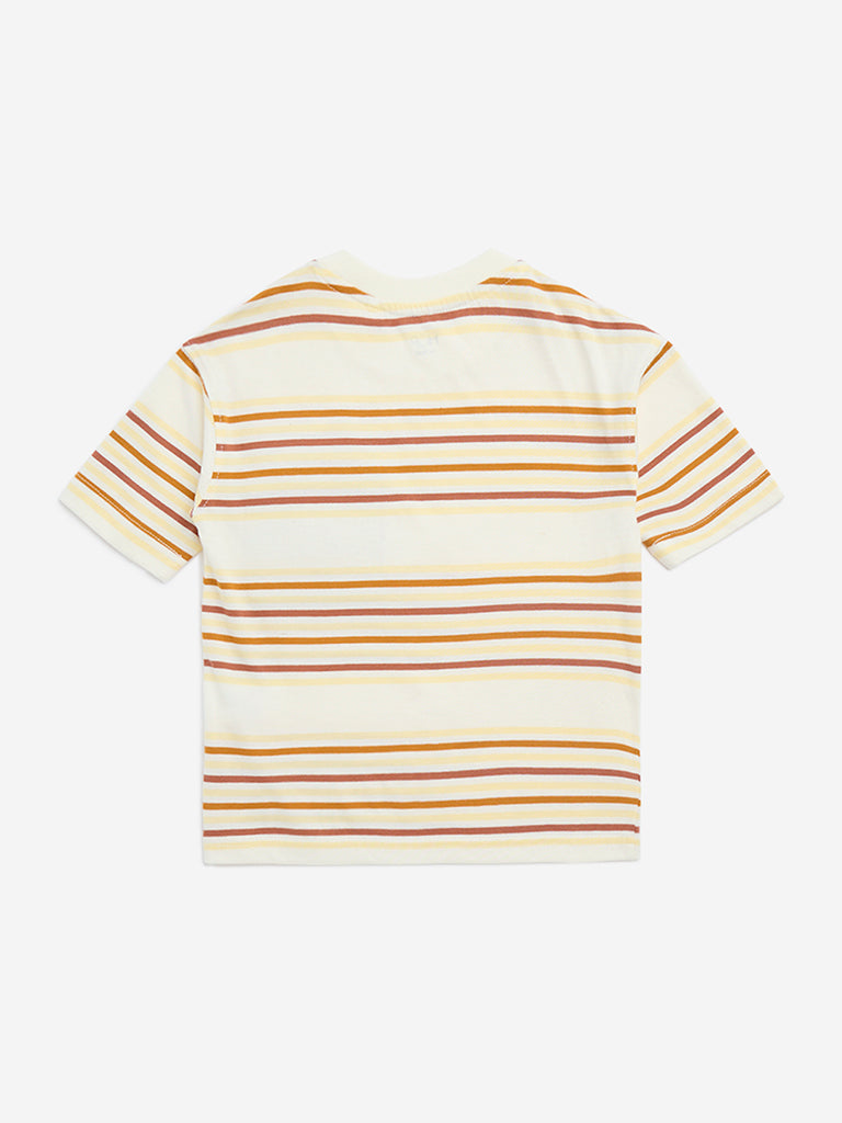 HOP Kids Beige Stripe Printed Cotton T-Shirt - Image 3
