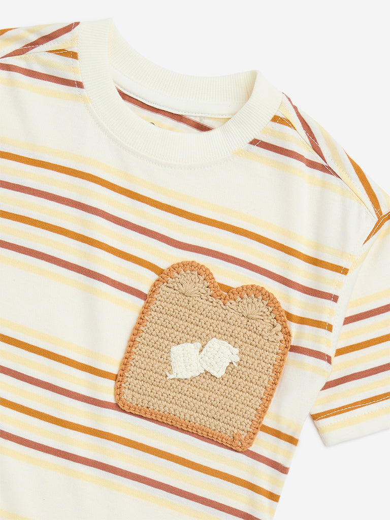 HOP Kids Beige Stripe Printed Cotton T-Shirt - Image 4