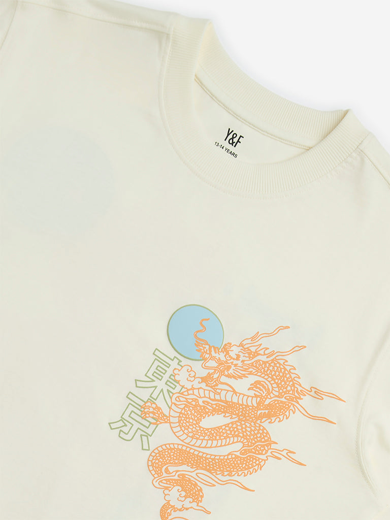 Y&F Kids Off-White Printed Cotton T-Shirt - Image 3