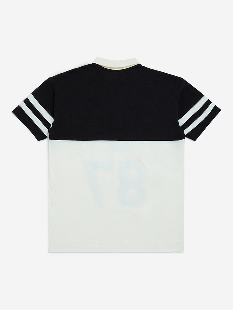 Y&F Kids Off-White Colour-Blocked Cotton Polo T-Shirt - Image 2