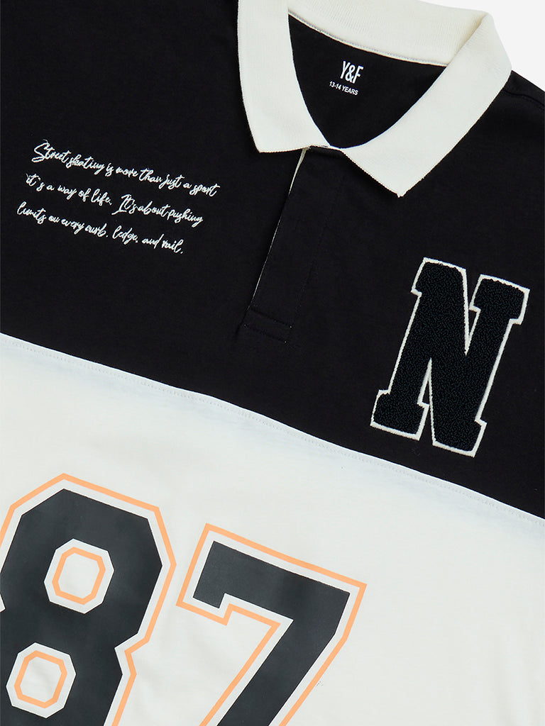 Y&F Kids Off-White Colour-Blocked Cotton Polo T-Shirt - Image 3