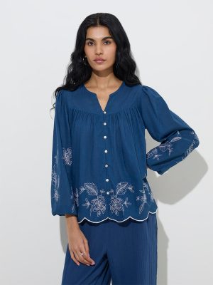 Bombay Paisley Indigo Floral Embroidered Cotton Blouse