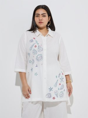 Diza White Sealife-Inspired High-Low Cotton Tunic